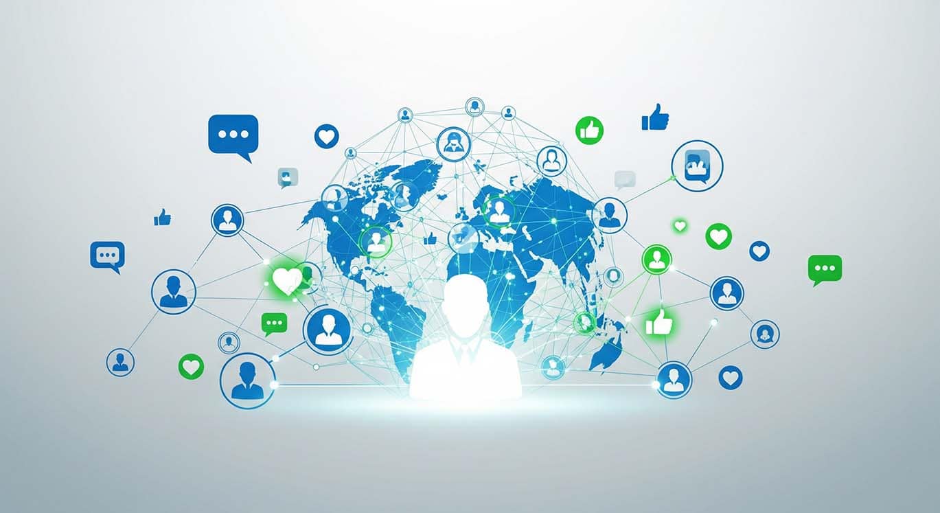 Global social network connecting individuals around a world map.