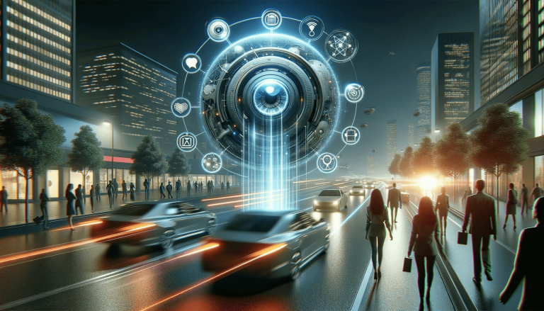 AI eye overseeing a futuristic, busy smart city at night.