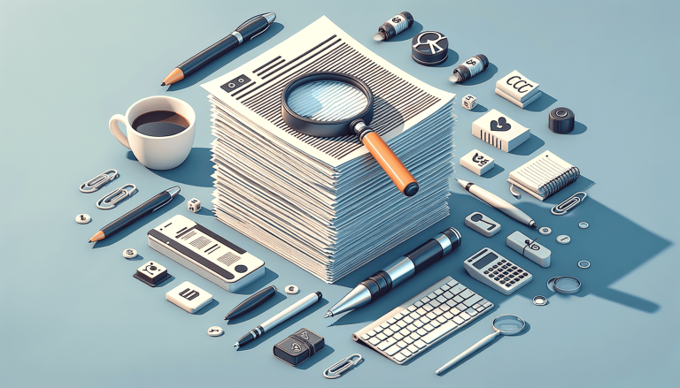 Stylised office desk with stack of papers, magnifying glass, and supplies.
