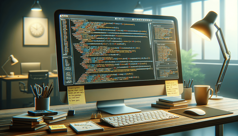 Modern office desk with computer displaying programming code.