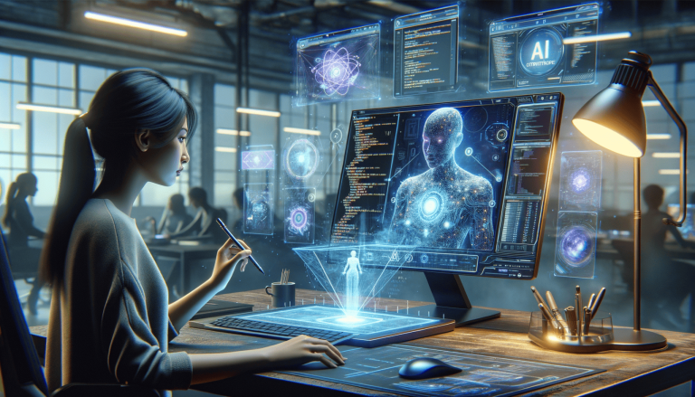 Woman interacts with futuristic AI computing interface in modern office.