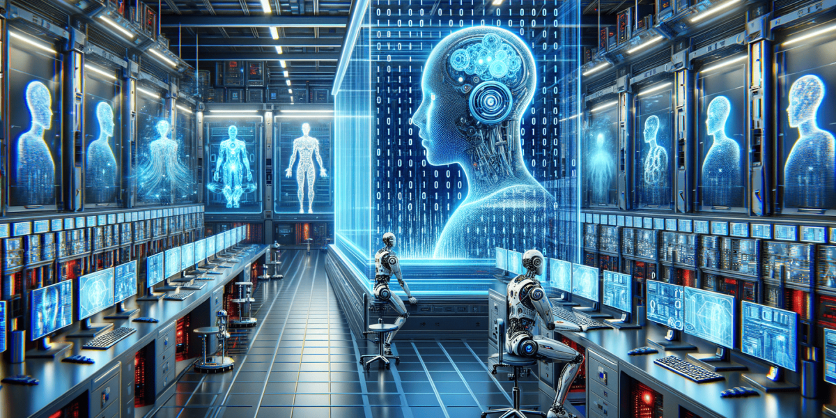 Robots analysing human holograms and data in a futuristic control room.