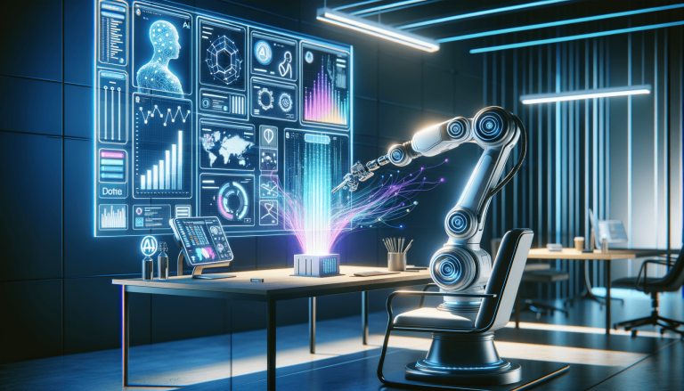 Robotic arm interacts with holographic data display in a futuristic lab.
