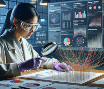Scientist analysing data with graphs in laboratory.