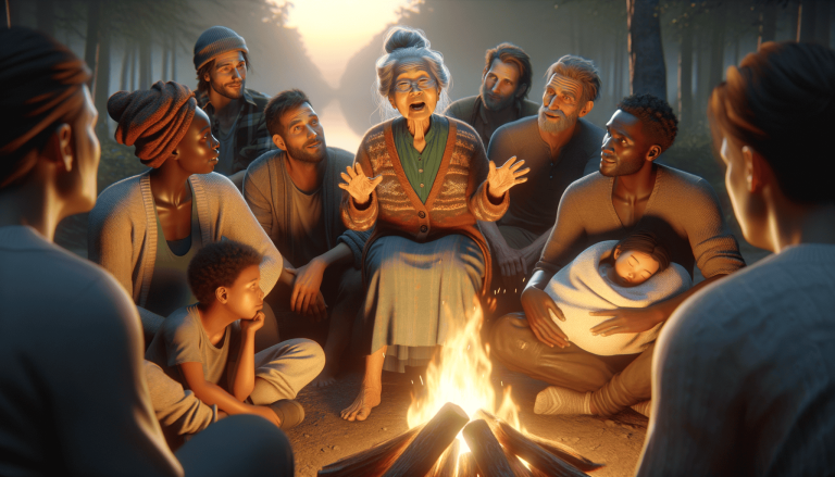 Elder shares stories with diverse group around a campfire.