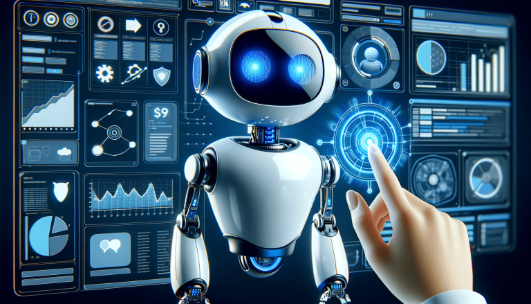 Human hand touching futuristic holographic interface next to white robot.