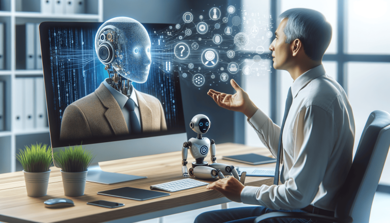 Man interacting with AI on screen, robot assistant on desk.