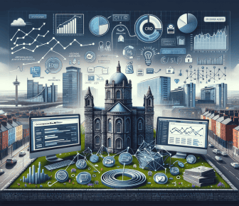 City skyline with graphs and technology overlay.