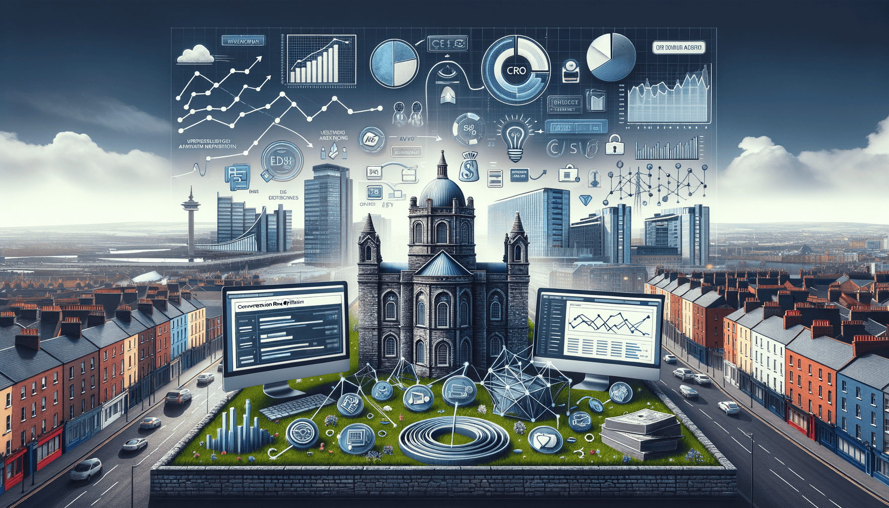 City skyline with graphs and technology overlay.