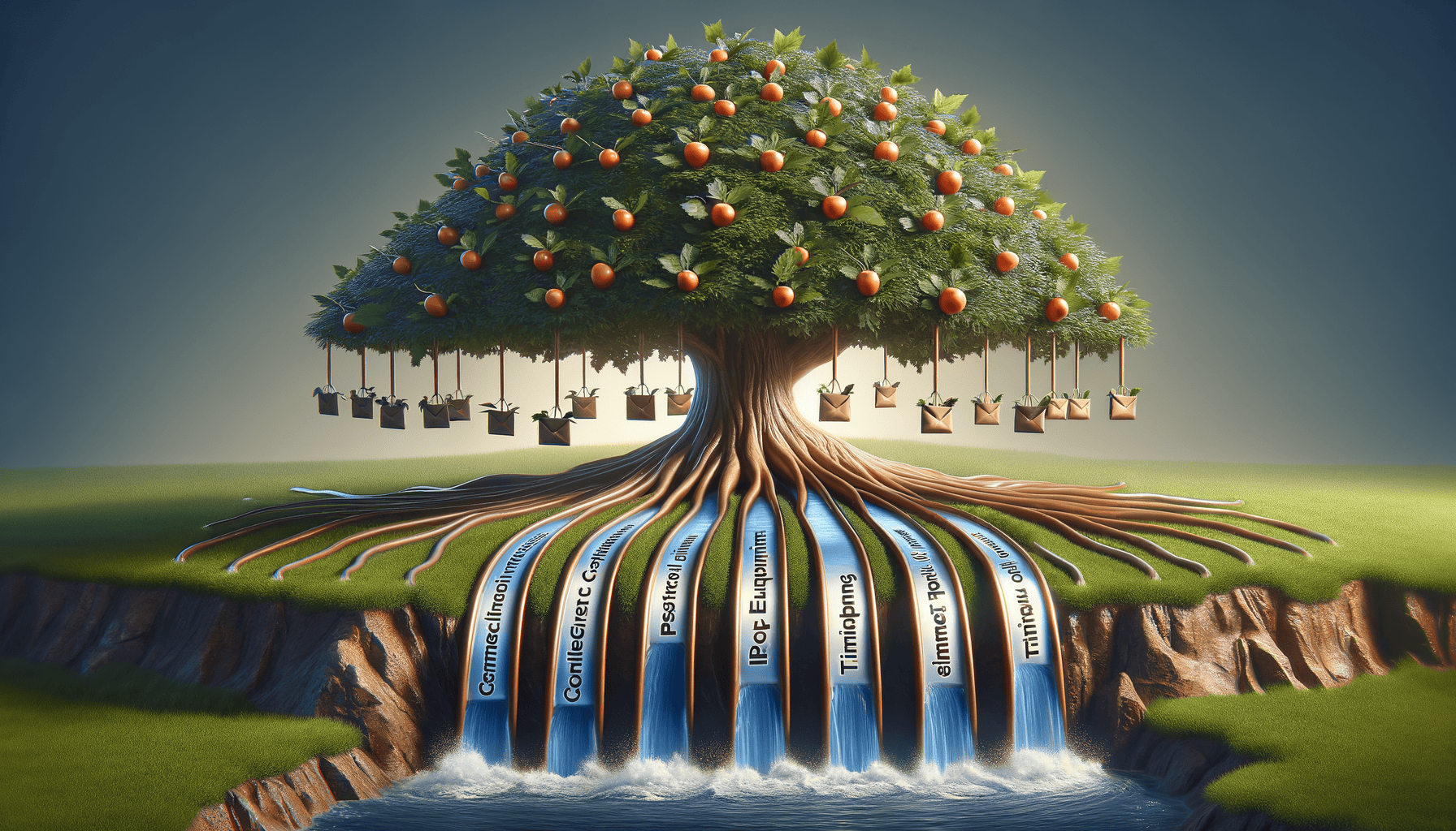 Tree with roots flowing into waterfall streams.