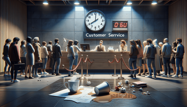 Long queue of people waiting at customer service, coffee spilled.
