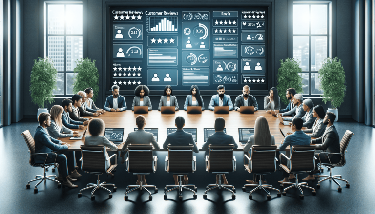 Diverse professionals meet in a modern office with data screen.