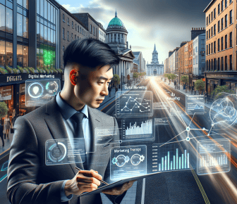 Man analysing digital marketing data in street setting.