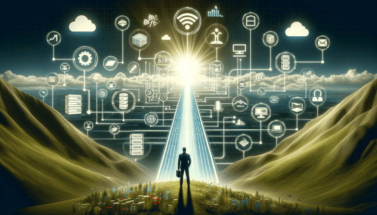 Businessman on bright digital path surrounded by interconnected tech icons.