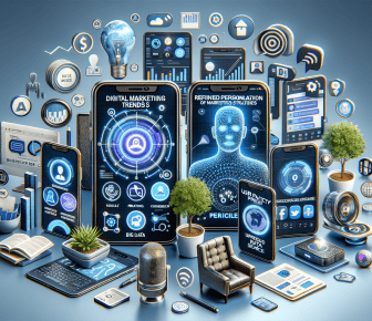 Digital marketing concepts displayed on futuristic screens.