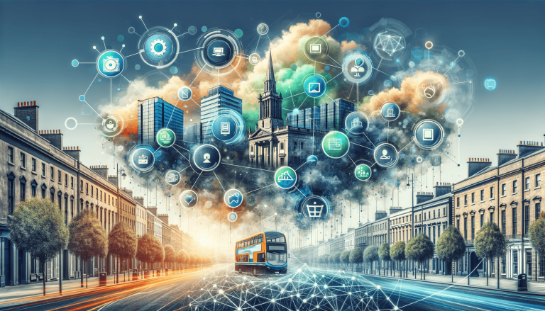 Smart city concept: interconnected network, bus, and urban landscape.