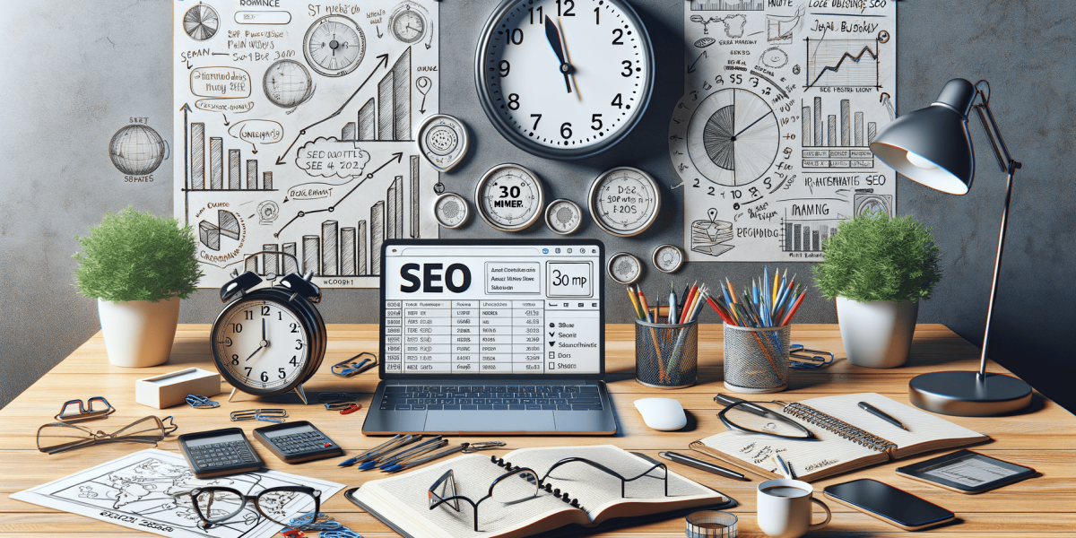 Organised desk with SEO analysis, charts, clocks and stationery.