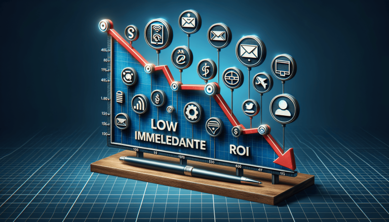 Declining business graph with digital icons showing low ROI.