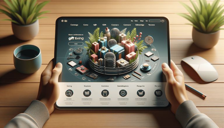 Hands holding tablet showing e-commerce gift shopping website.
