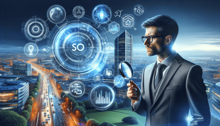 Businessman using magnifying glass to analyse futuristic city data.