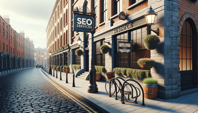 SEO Services sign on traditional British cobbled street.