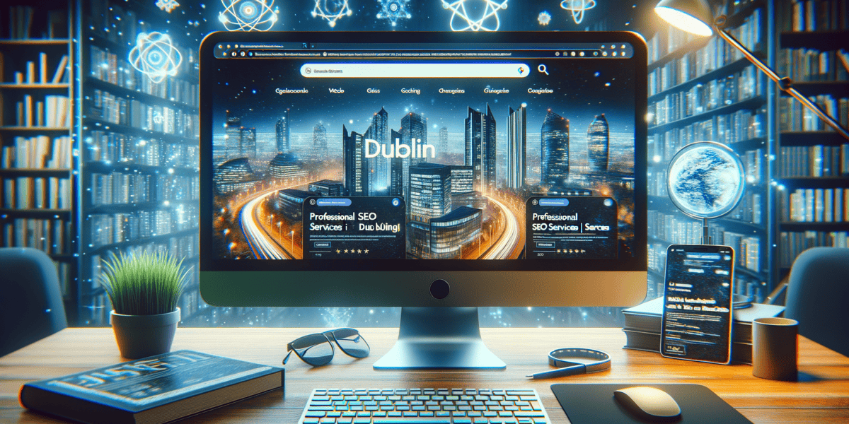 Futuristic office with computer displaying Dublin website.