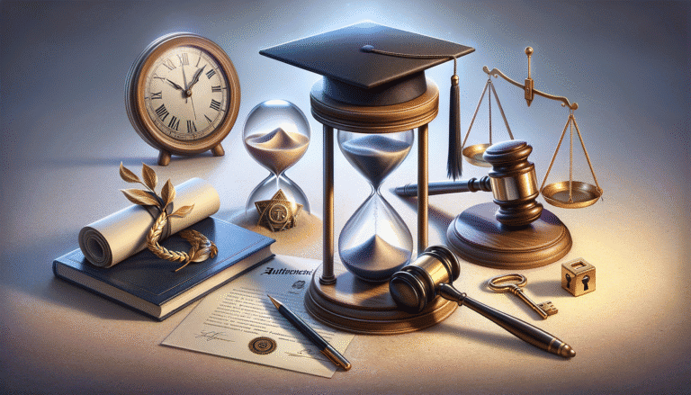 Law, education, justice symbols: gavel, scales, hourglass, diploma, graduation cap.