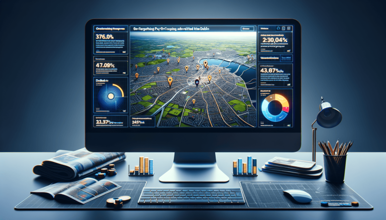 Data analytics dashboard on computer screen, office desk.