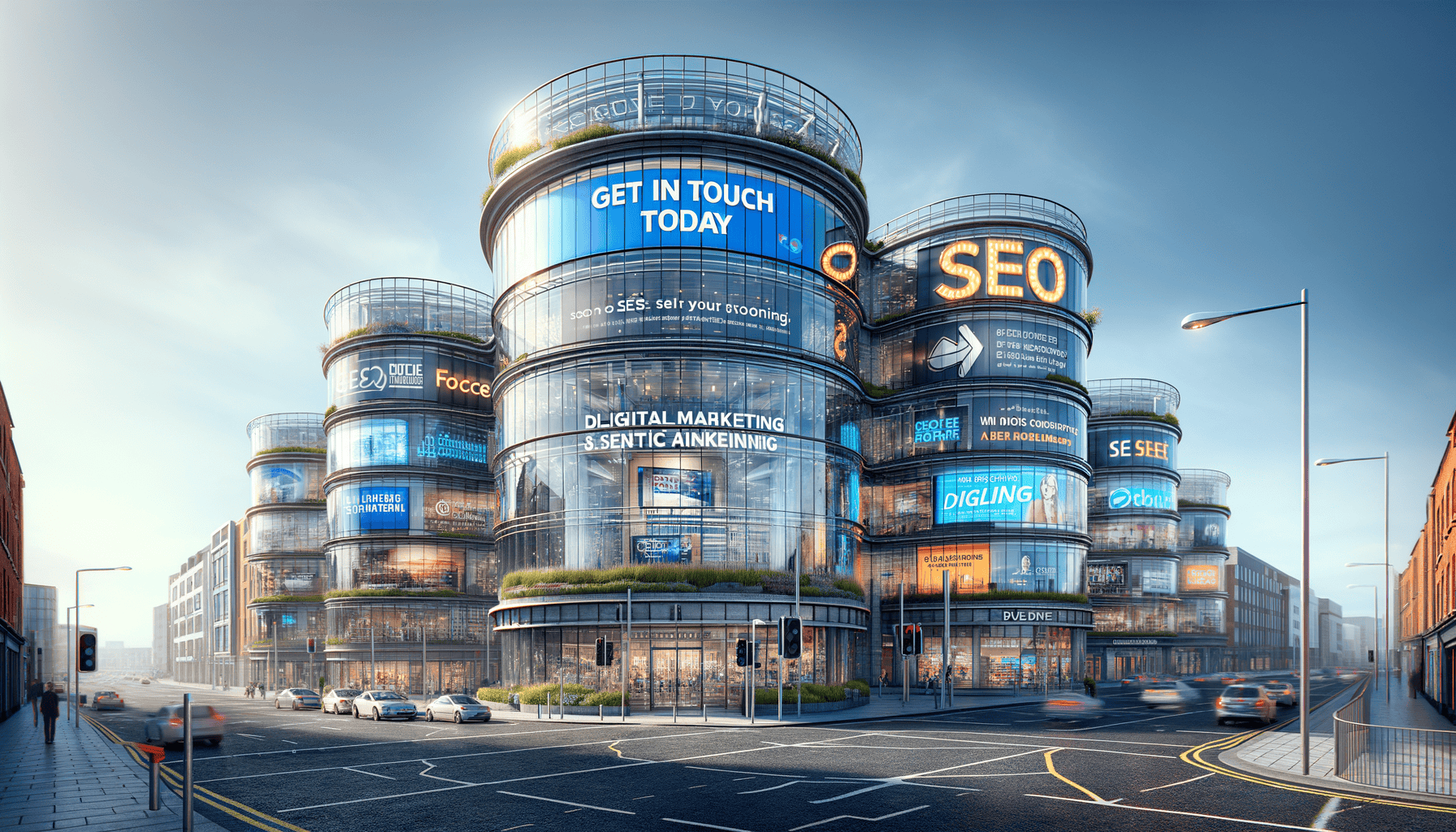 Futuristic marketing headquarters with digital advertising displays.