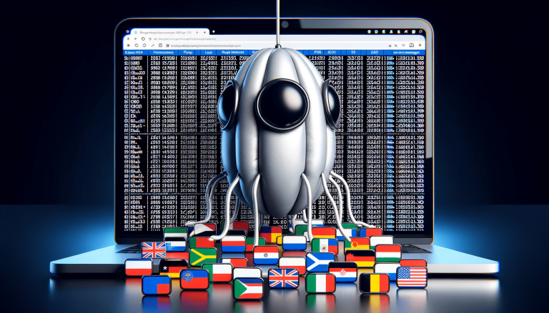 Robot processing global data and international flags on a laptop.