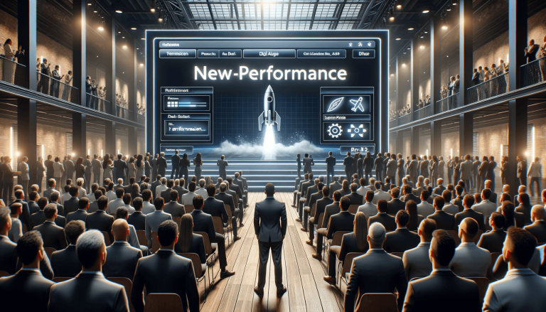Conference audience views 'New-Performance' rocket launch on large screen.