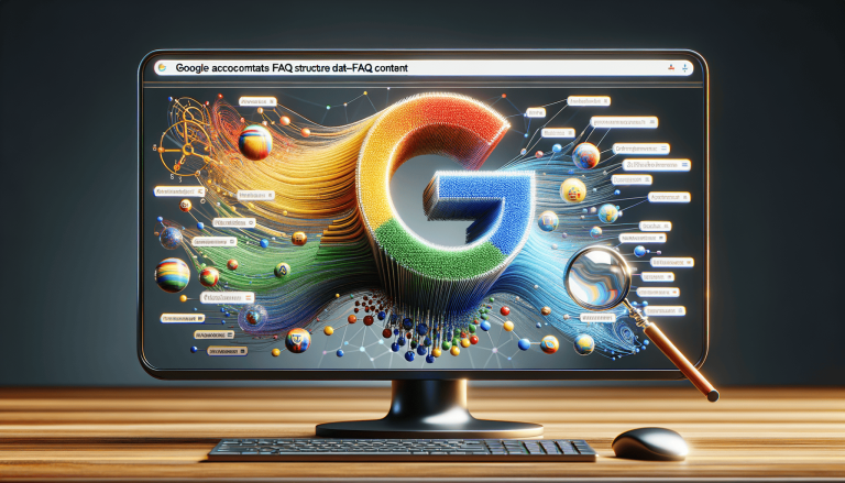 Stylised Google 'G' logo, data network, magnifying glass on monitor.