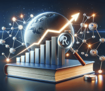 Digital finance growth, globe, book, magnifying glass.