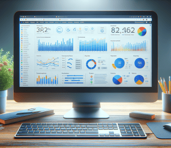 Desktop with analytics on screen and office supplies.
