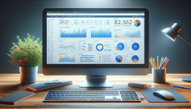 Computer monitor displaying a data dashboard on a wooden desk.