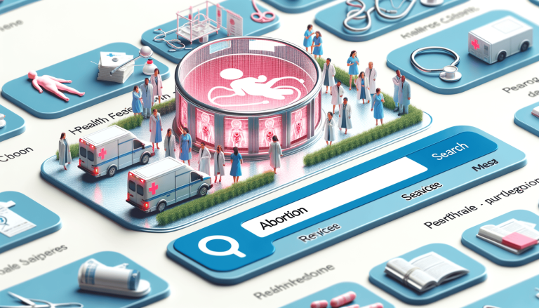 Medical search interface with 'Abortion' query, doctors, and healthcare theme.