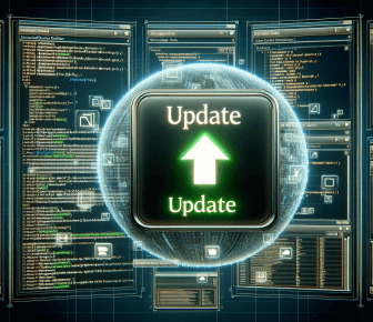 Digital update symbol amidst coding interface screens.
