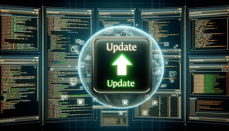 Glowing 'Update' button with arrow on digital code background.