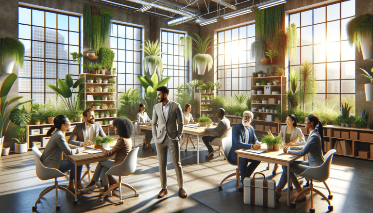 People working in a modern, plant-filled green office.