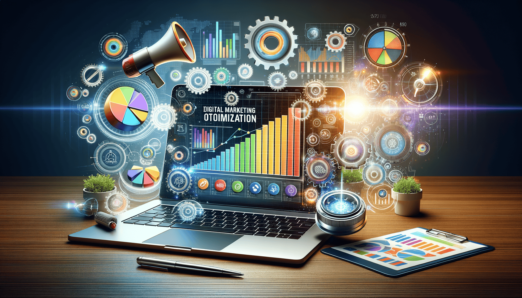 Digital marketing optimisation concept with charts and gears.