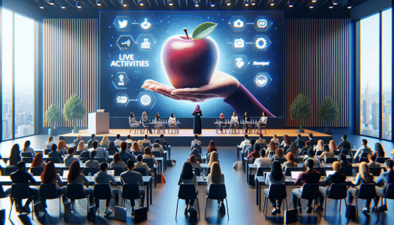 Conference: Speaker presents 'Live Activities' with digital apple screen.