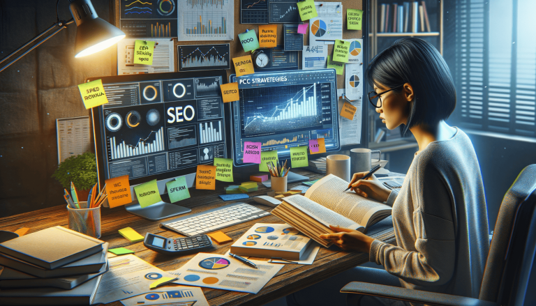 Woman analysing SEO data and charts at a busy desk.