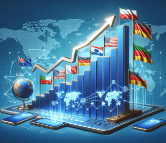 Global financial growth chart with national flags.