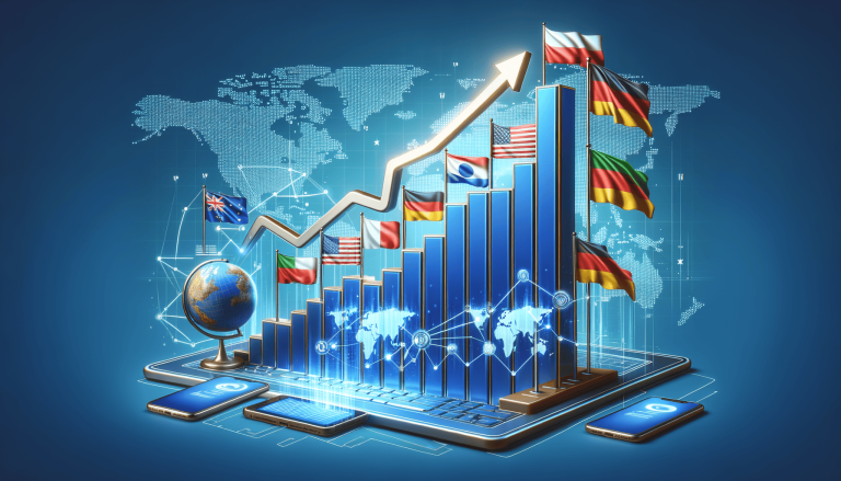 Global economic growth with flags, globe, and digital elements.