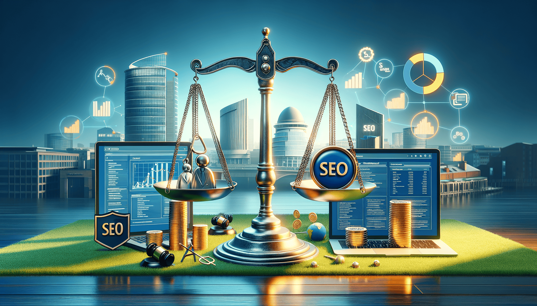 SEO balance scales in futuristic cityscape