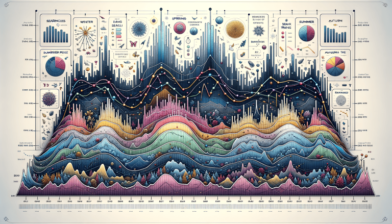 Colourful, layered data visualisation depicting seasonal trends and natural motifs.