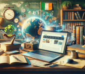 Laptop on desk with globe projection