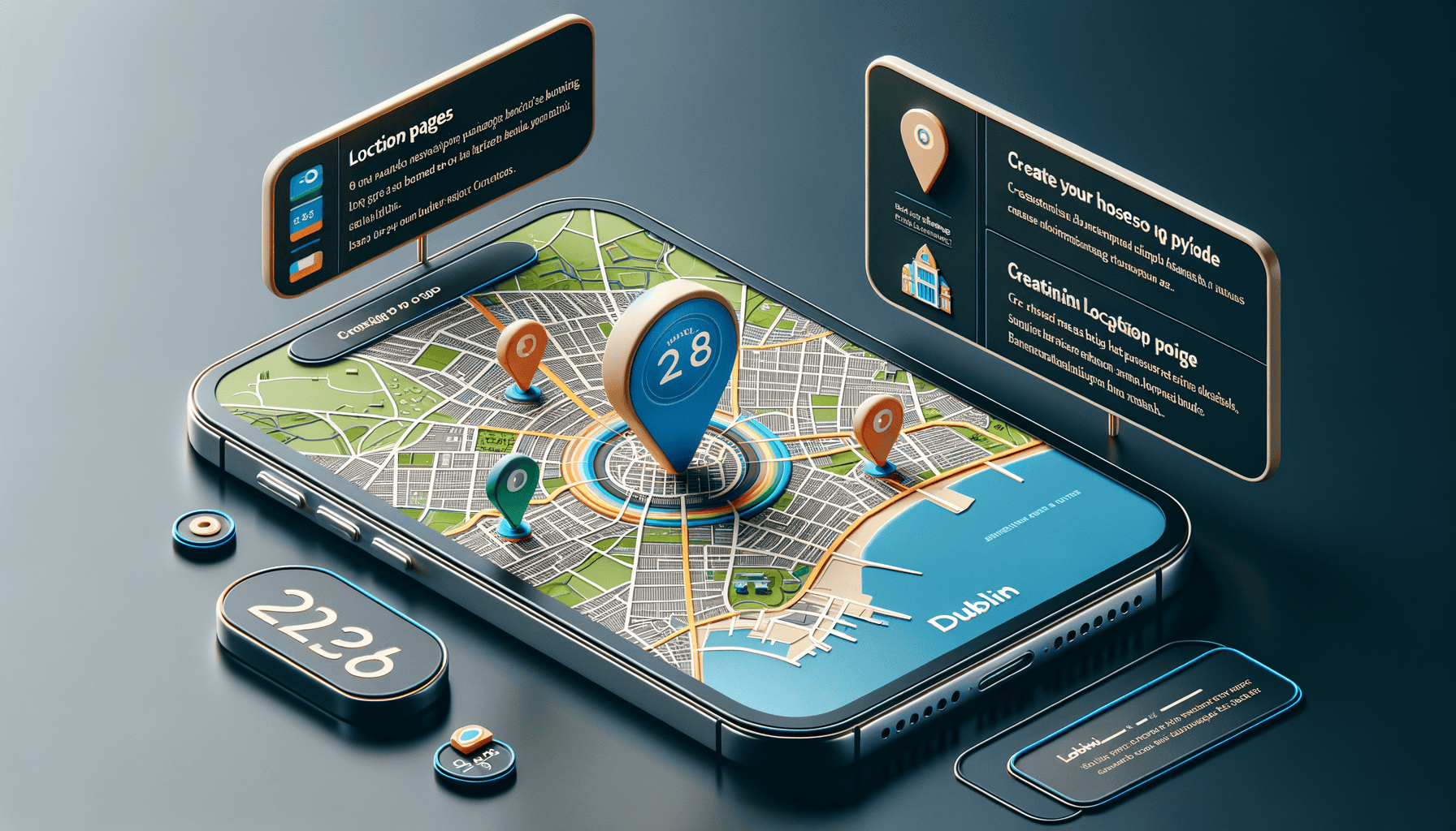 3D smartphone map with location pins and stats.