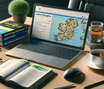 Desk with laptop, SEO books, coffee, and notebook.