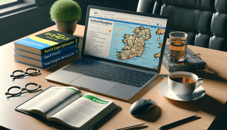 Laptop displaying Ireland map, SEO books, coffee on wooden desk.